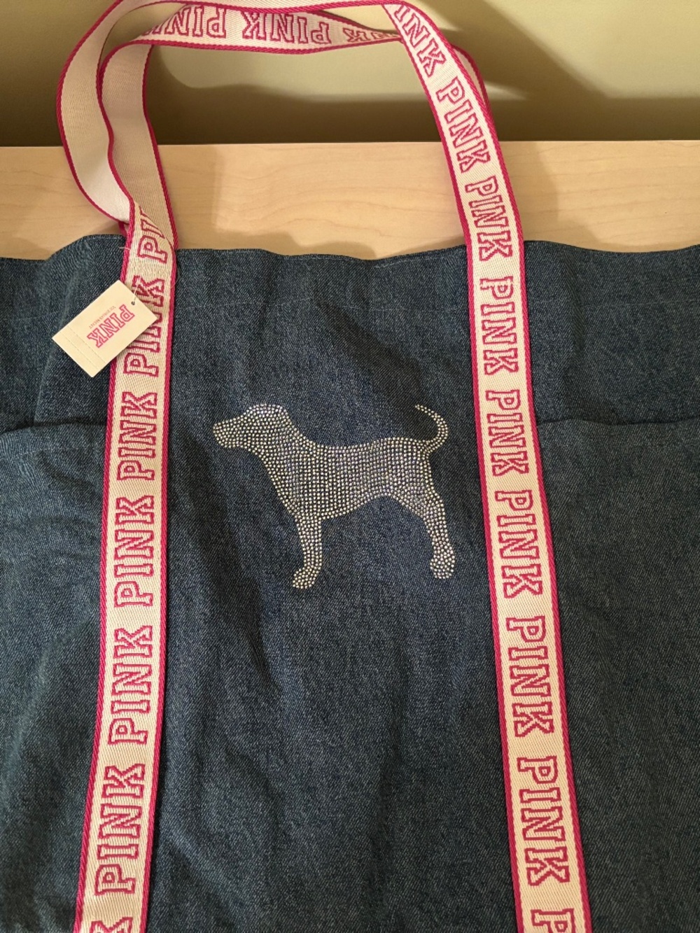 New PINK by Victoria’s Secret Denim Pink Logo Tote Bag w/ Puppy Rhinestones